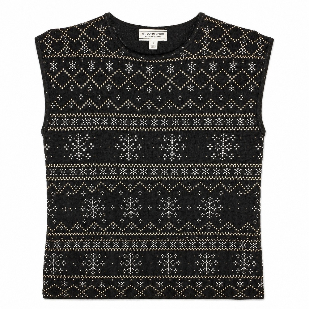 St. John Sport Sweater Vest Women's L Black Gold Fair Isle Wool Y2K Holiday